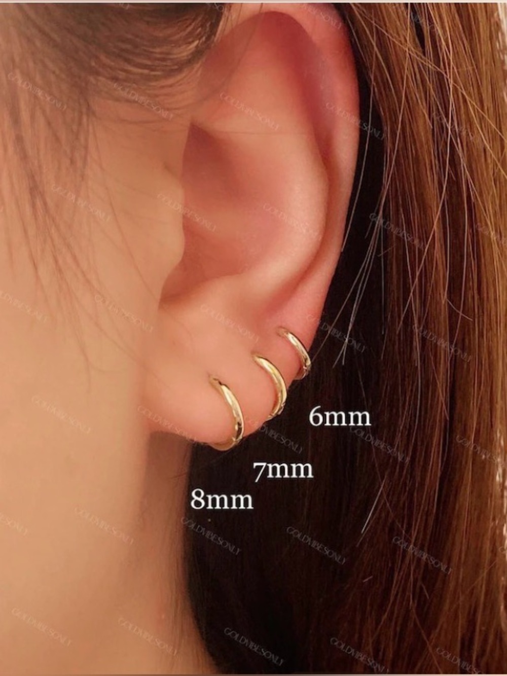 2-Pair Yellow Gold Earrings Huggie Hoops 22g Round Nose Rings 6mm & 7mm